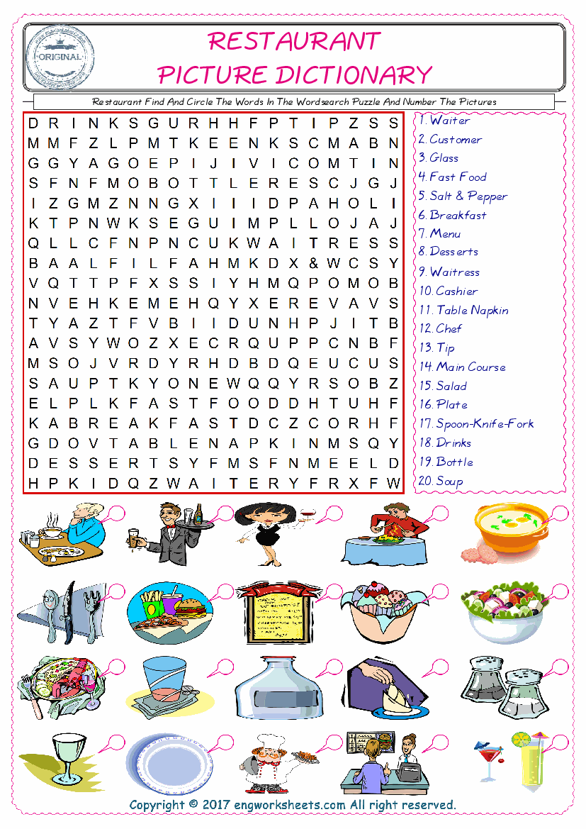  ESL wordsearch worksheets for kids, find Restaurant words in the word wordsearch write its number on its picture English worksheet. 